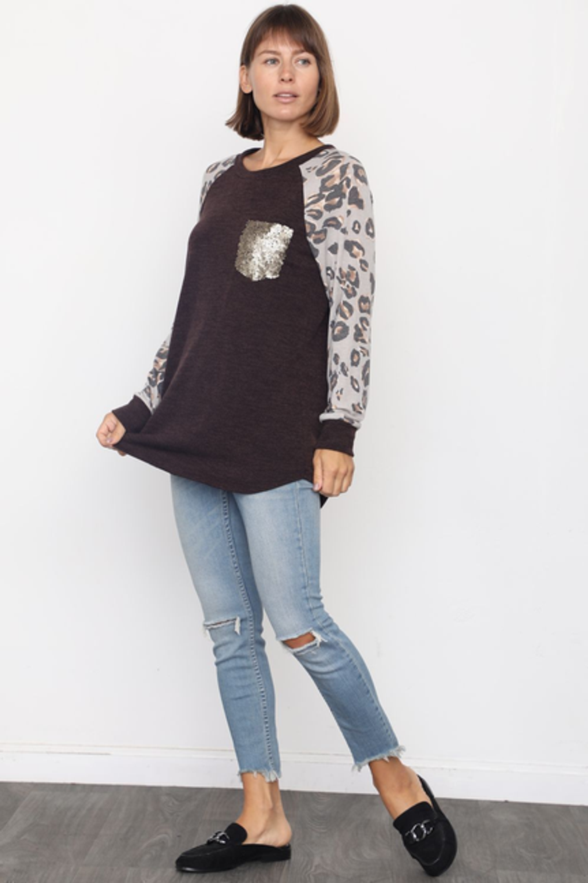 Leopard Raglan Sleeve Tunic With Sequin Pocket - S002066B002500P001557V003