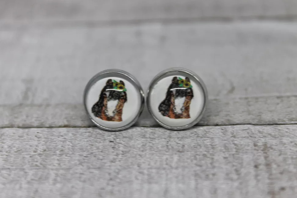 Sunflower Crown Horse  Glass Stud Earrings