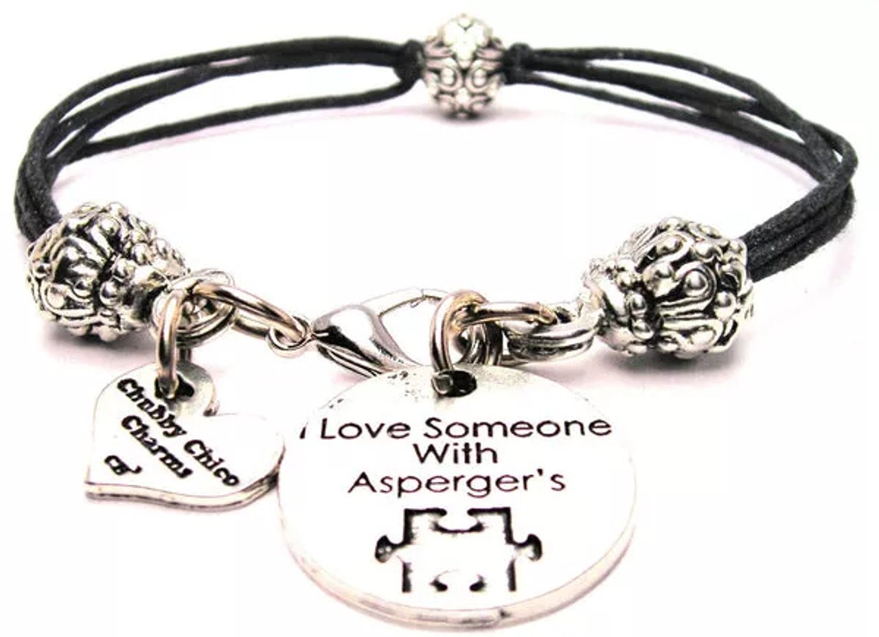 I Love Someone With Asperger's Pewter Beaded Black Cord Bracelet