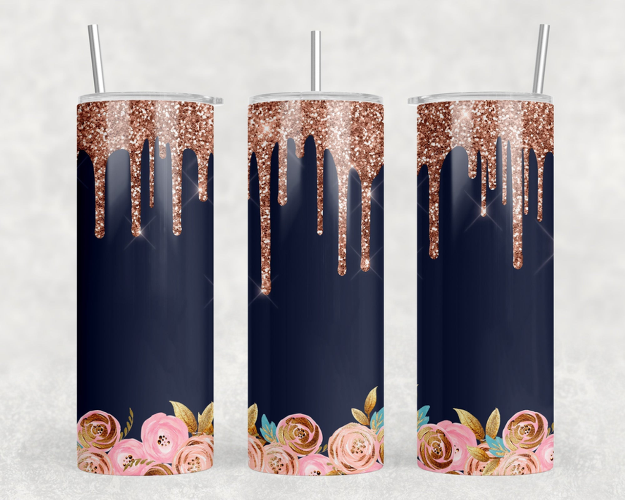 Floral faux glitter Drip|Skinny Tumbler|Optional Bluetooth Speaker| Speaker Color Varies