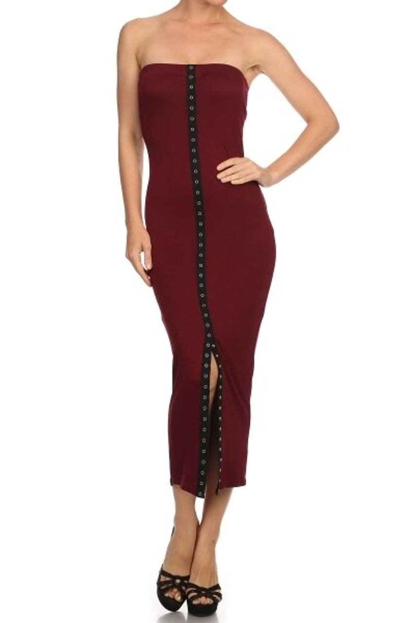 Snap On Tube Body-Con Midi Dress Burgundy