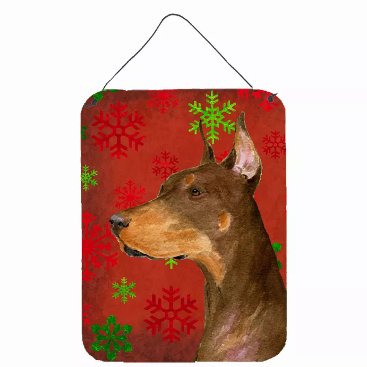 Red and Green Snowflakes Holiday Christmas Design with Dog Wall or Door Hanging Prints - S000213B001695P029717V000