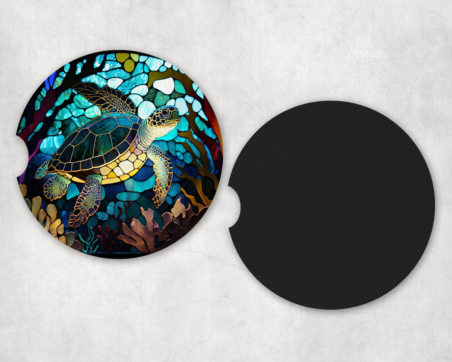Stained Glass Sea Turtles Neoprene Car Coaster Set