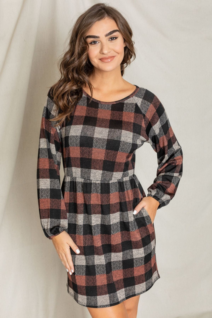 Auburn Checkered Bishop Sleeve Mini Dress - 1Eloges149