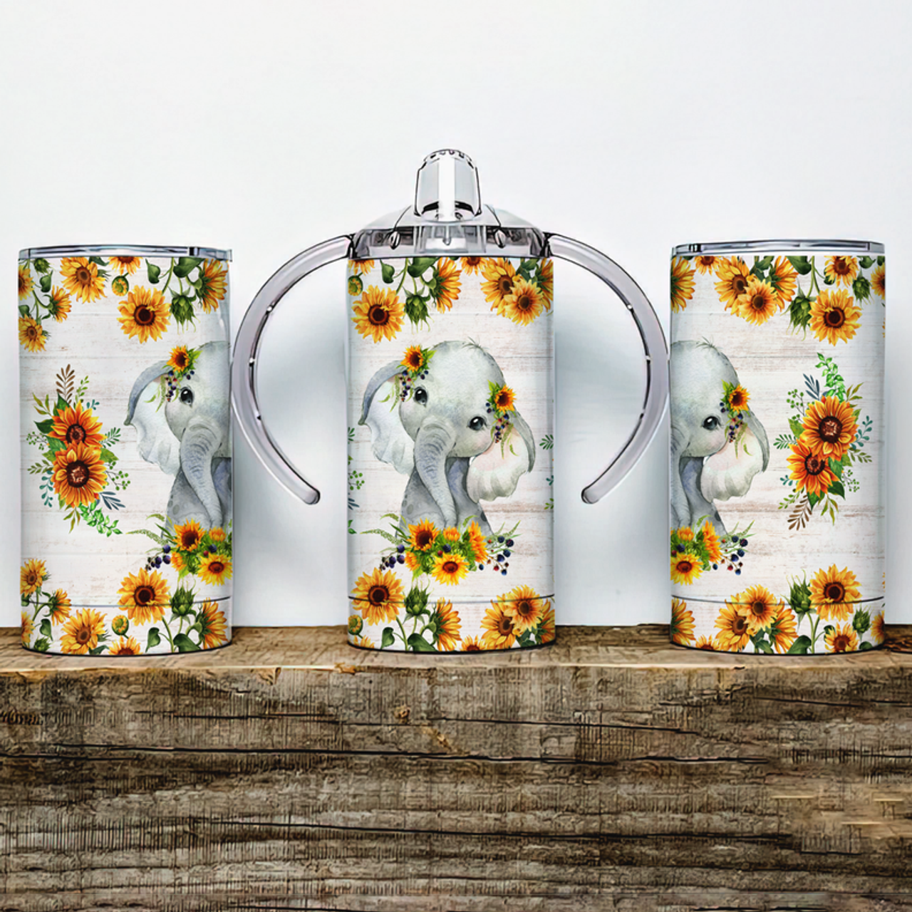 Sunflower Elephant  Insulated Kids Dual Lid Sippy Cup Tumbler