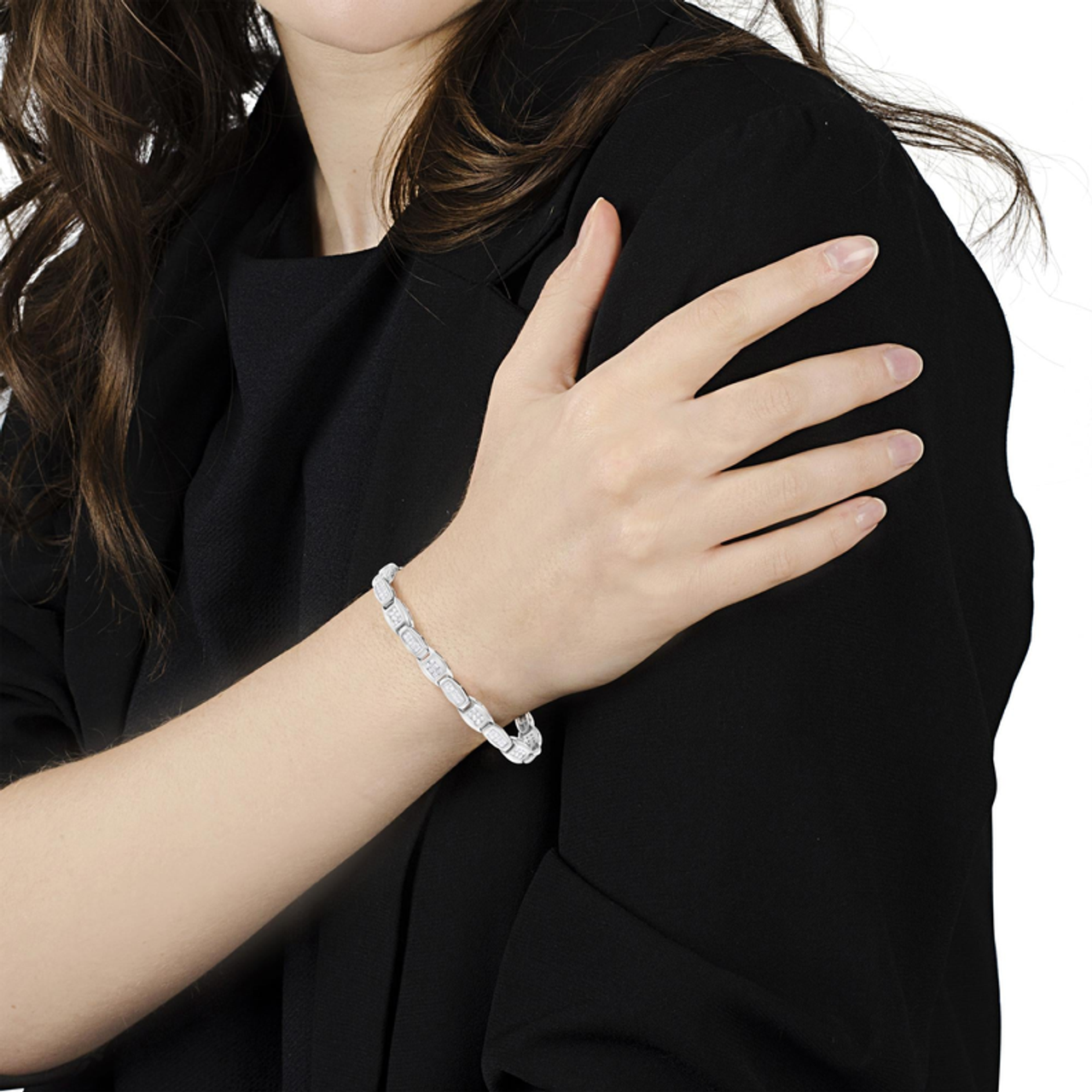 14K White Gold 2-1/2 Cttw Round-Brilliant & Baguette Cut Diamond 7" Alternating Flared Links Tennis Bracelet (H-I Color, SI1-SI2 Clarity)