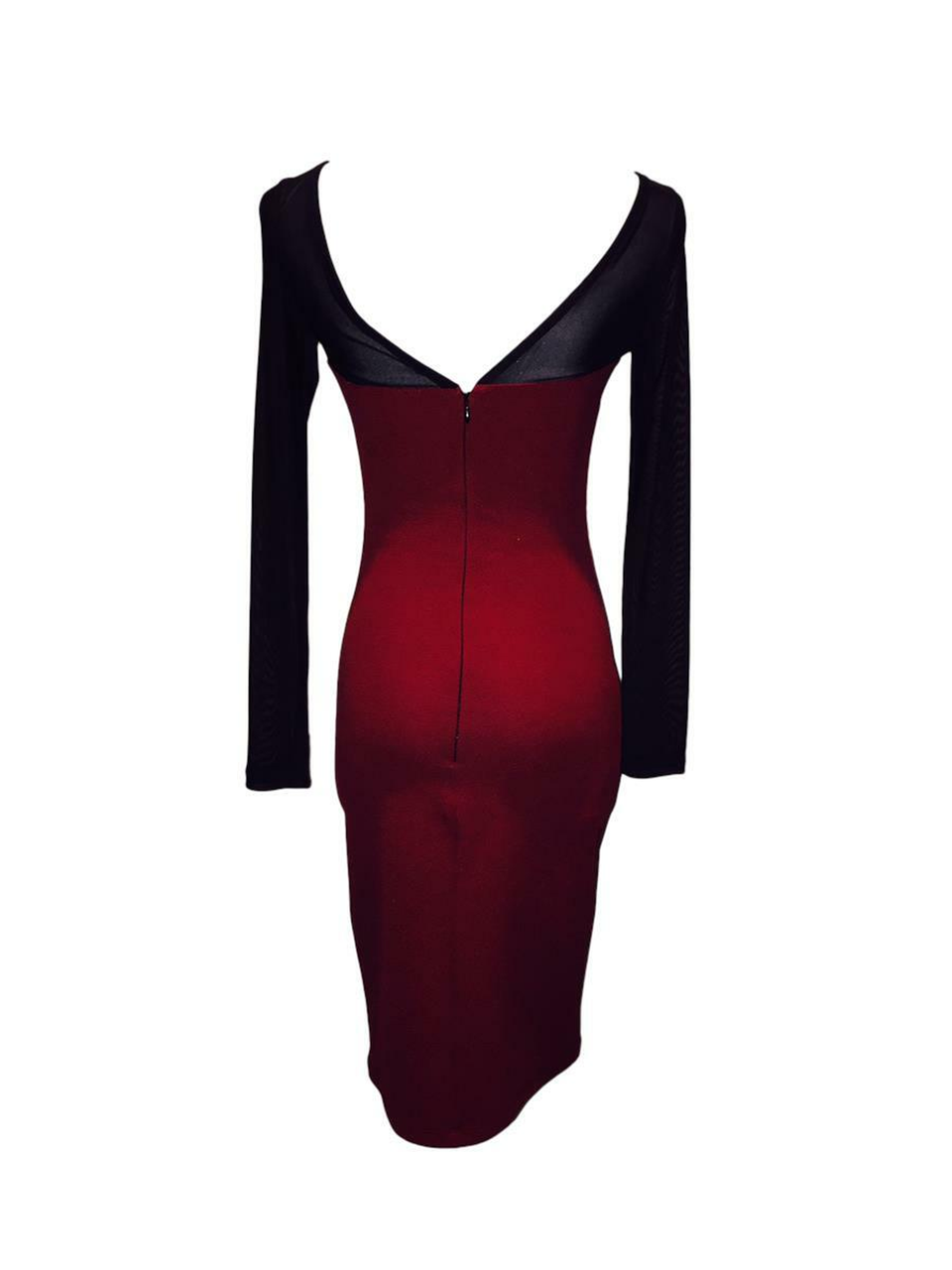 Mesh Long Sleeves Midi Dress Burgundy