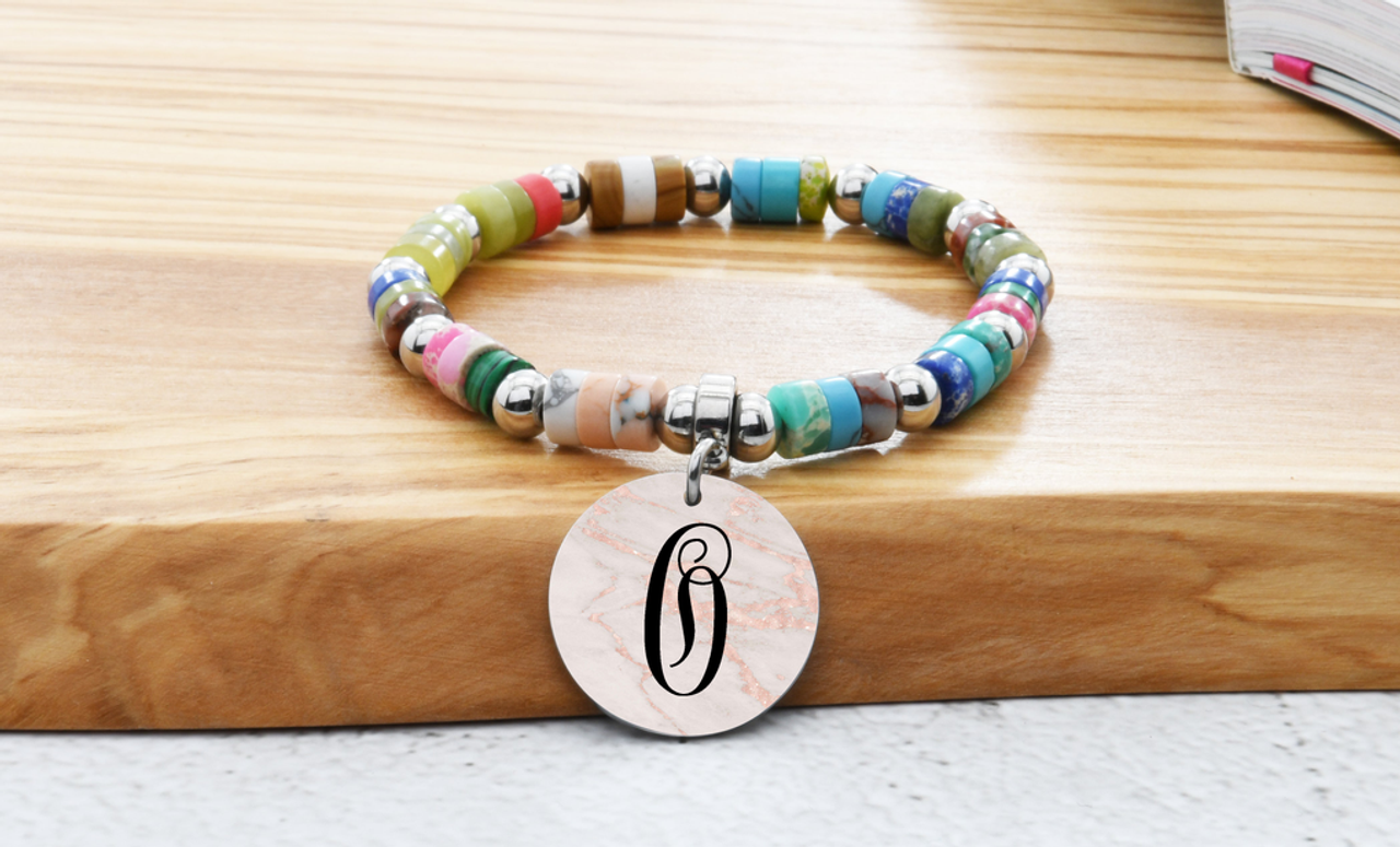 Reversible Natural Mix Gemstone Initial Stretch Bracelet By Pink Box - SUB2022FLATMIXOSLV