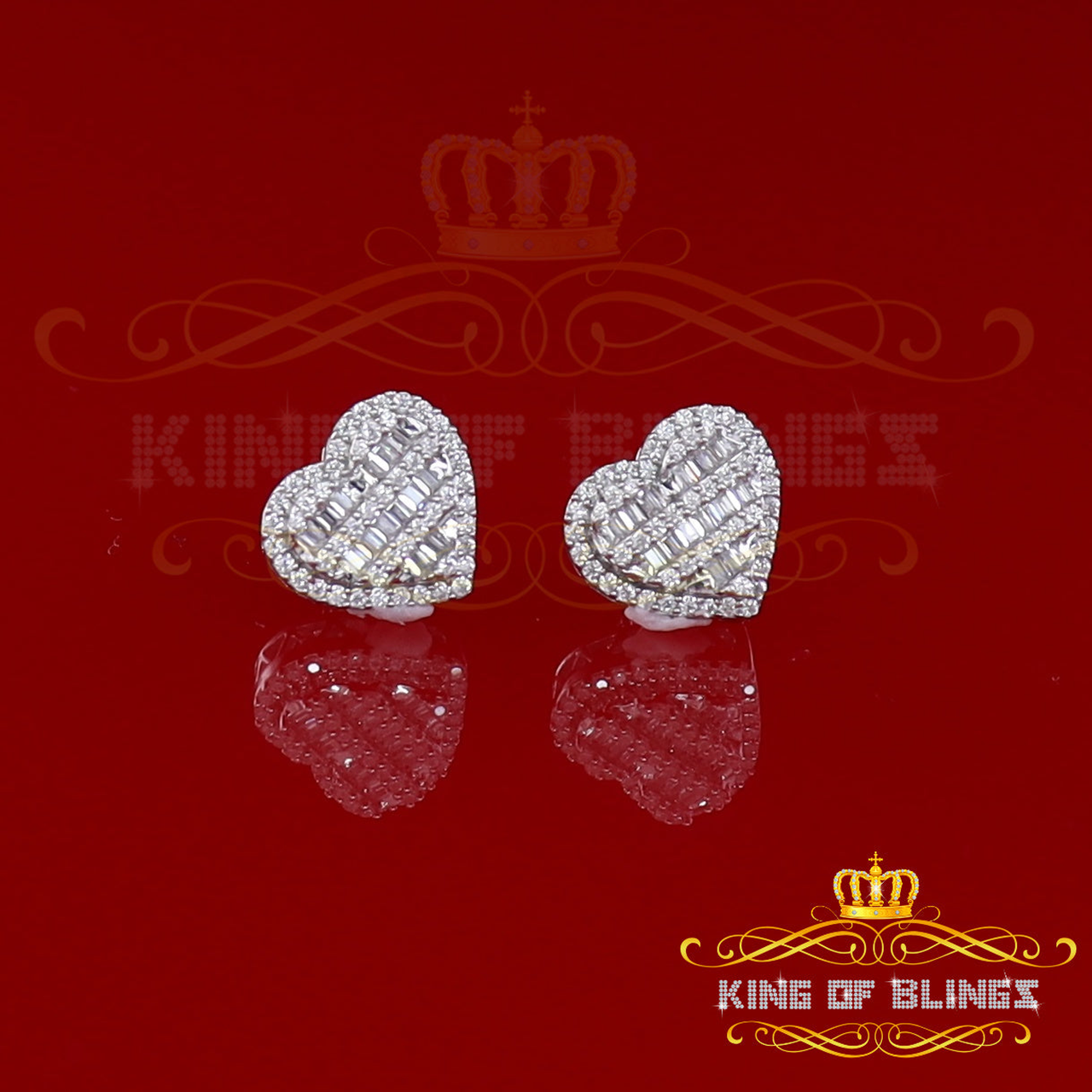 Men's Hip Hop Iced baguette Cluster white Sterling Silver Screw Back heart Stud Earrings