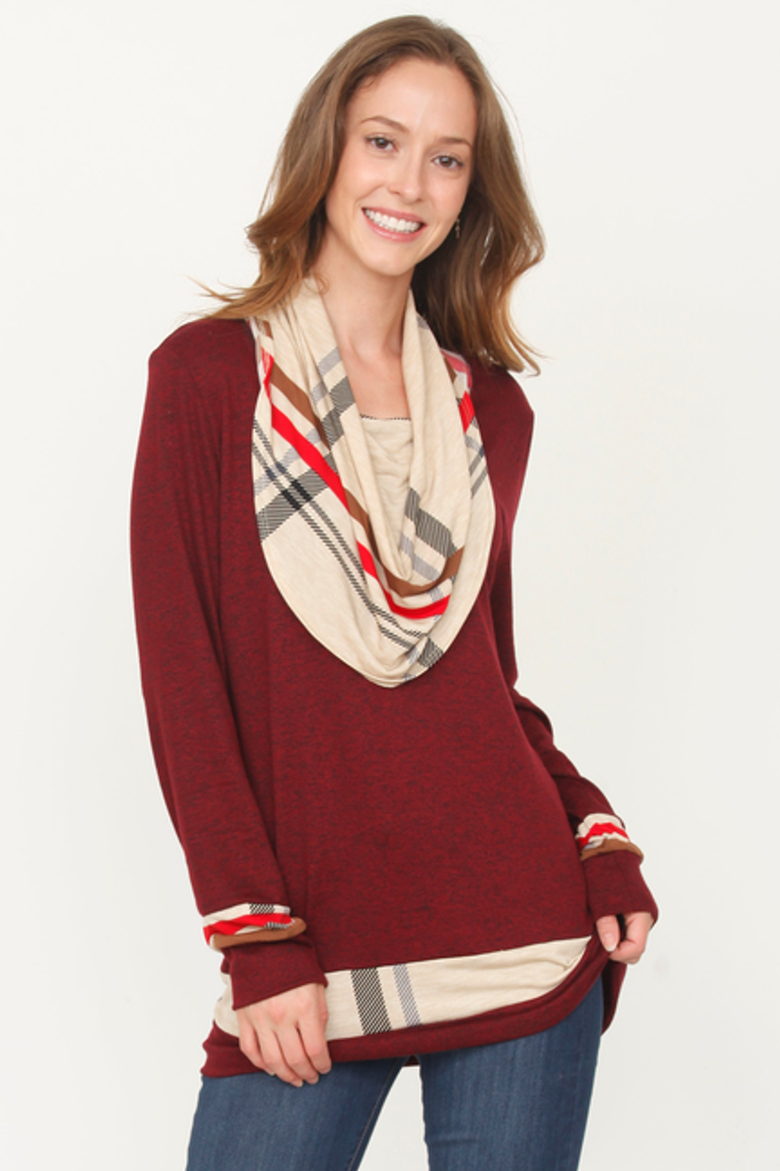 Plaid Accent Cowl Neck Tunic - 1Eloges1803