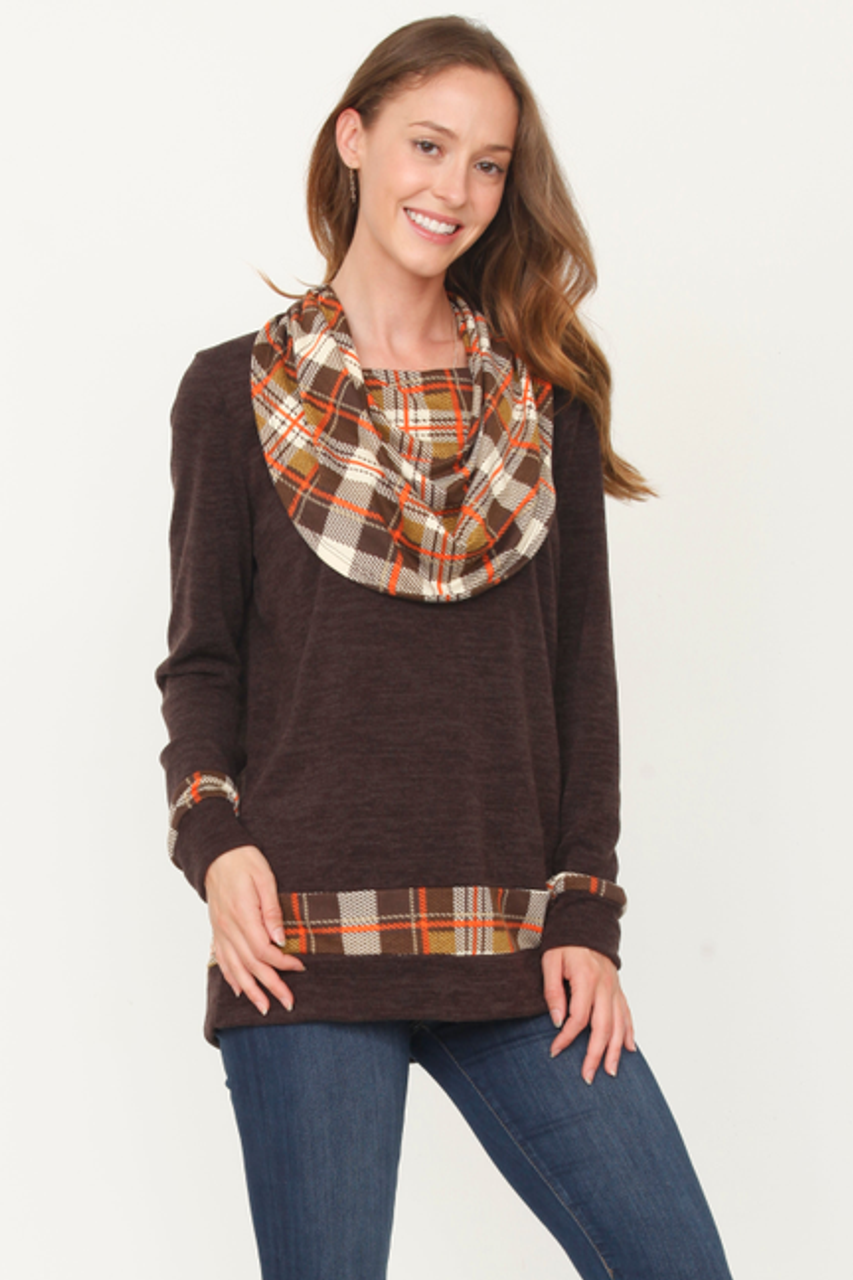 Plaid Accent Cowl Neck Tunic - 1Eloges1810