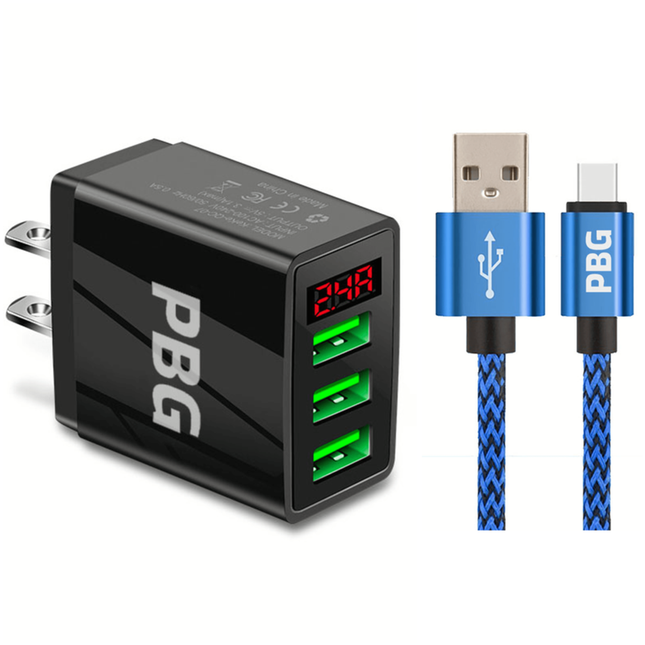 PBG 3 port LED Display Wall Charger and XL10FT Charger Compatible for Iphone Cable Bundle - PBG3PRTWCGBK10FTZBLTNBLU