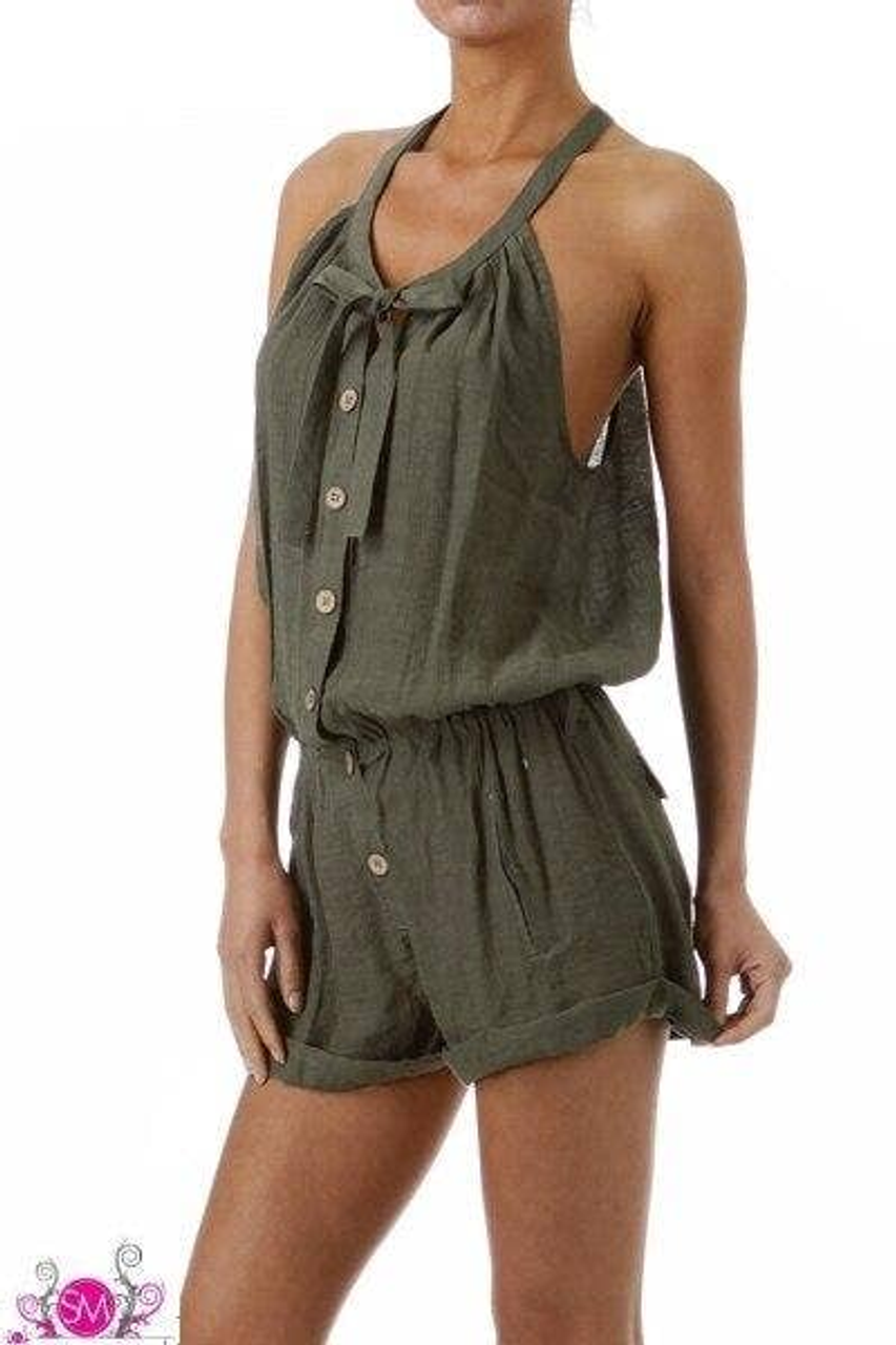 Button Down Sleeve Romper With Wooder Buttons