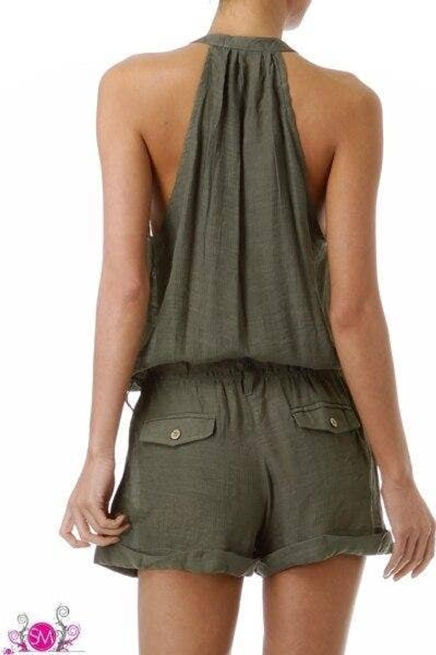 Button Down Sleeve Romper With Wooder Buttons