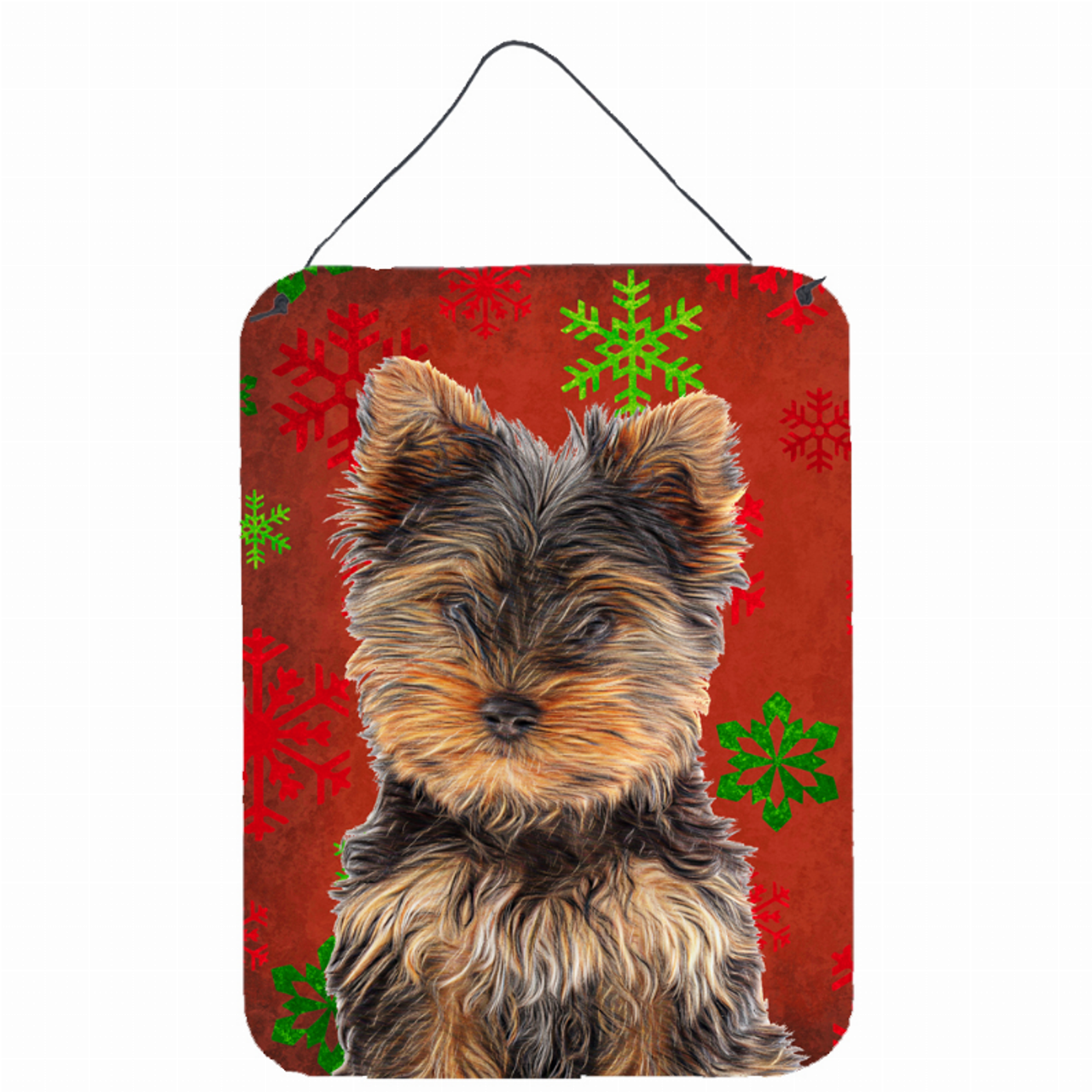 Red and Green Snowflakes Holiday Christmas Design with Dog Wall or Door Hanging Prints - KJ1188DS1216