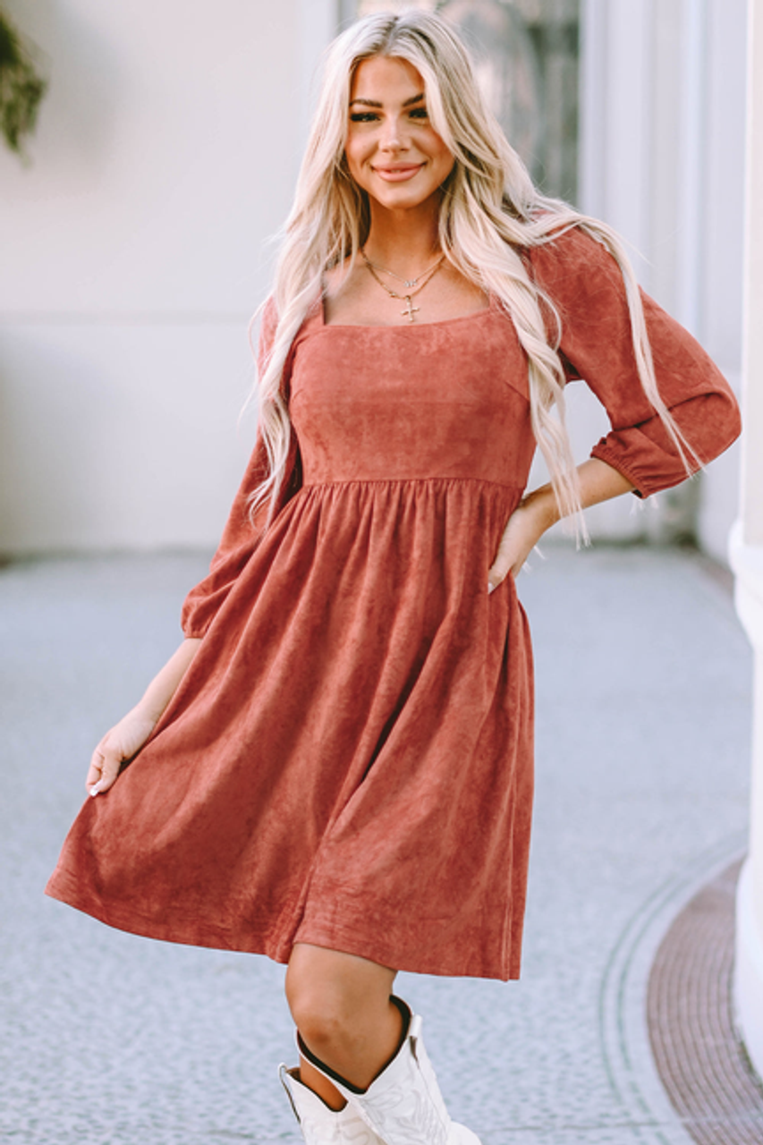 Kaylee Suede Square Neck Puff Sleeve Dress