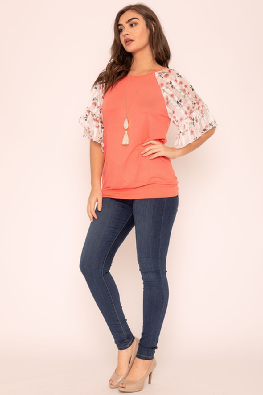 Floral Chiffon Ruffle Sleeve Raglan Top - F3-Eloges-1261