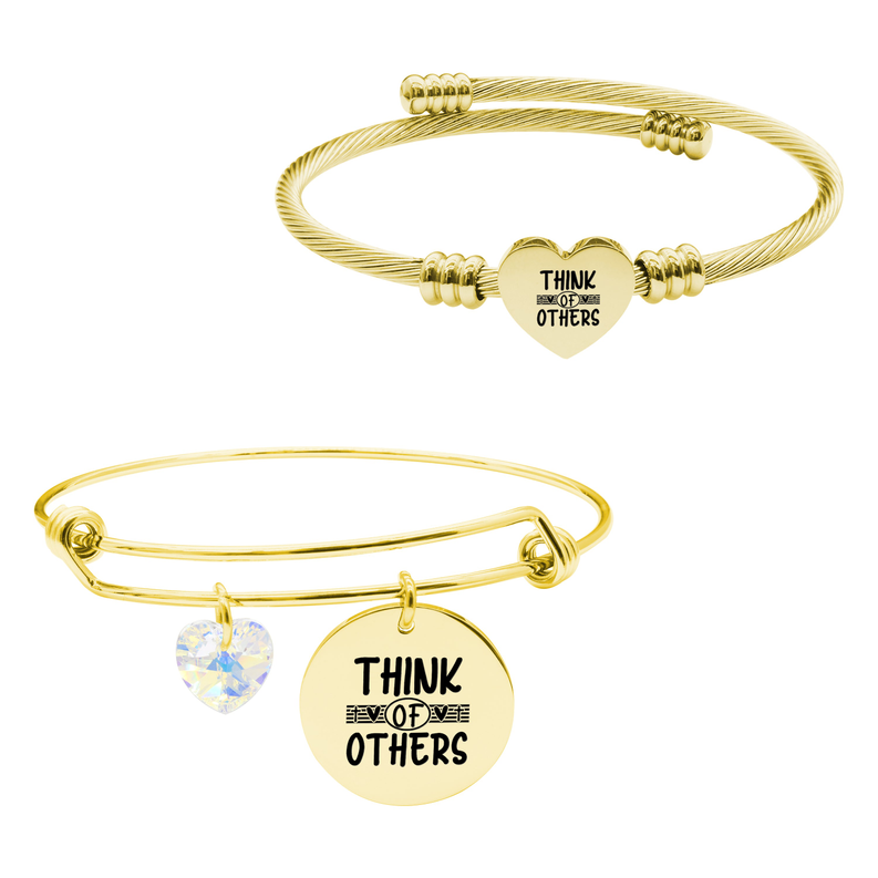 14k Gold Plated Wire Bangle With Heart Austrian Crystal And Heart Cable Set By Pink Box Part 2 - 23.SET-SWABNGL.OHC-SVG.THINKOFOTHERS-GLD