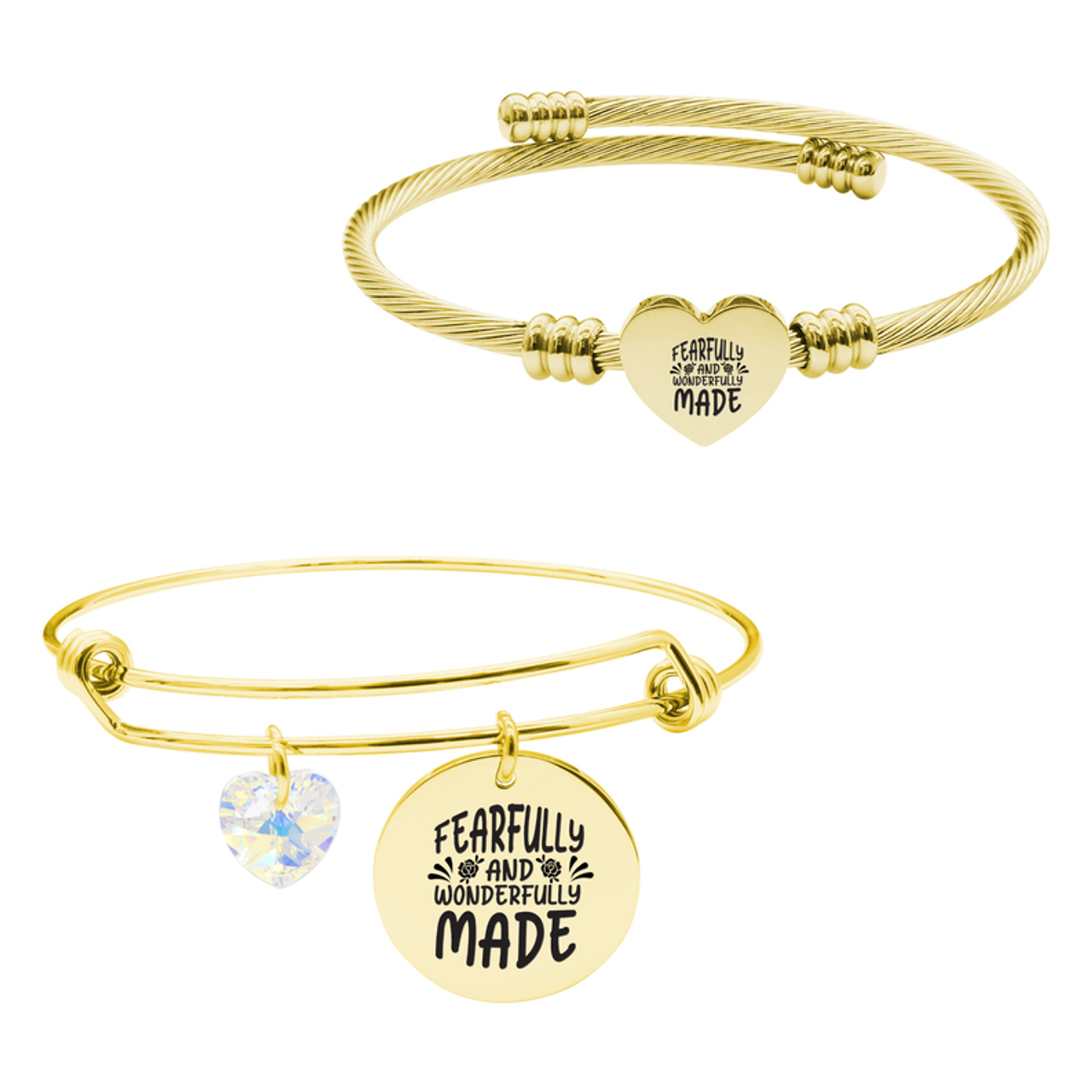 14k Gold Plated Wire Bangle With Heart Austrian Crystal And Heart Cable Set By Pink Box Part 2 - 23.SET-SWABNGL.OHC-SVG.WONDERFULLYMADE-GLD