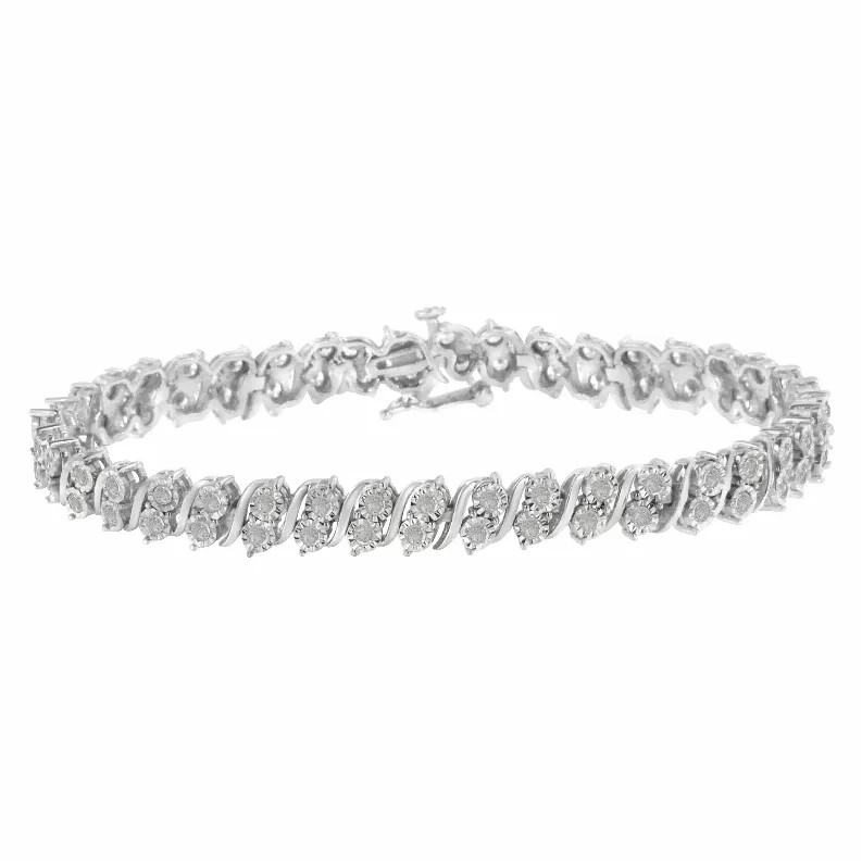 .925 Sterling Silver 2.0 Carat Total Weight Miracle-Set Diamond 2-Stone Row S Link Bracelet  -7.25"