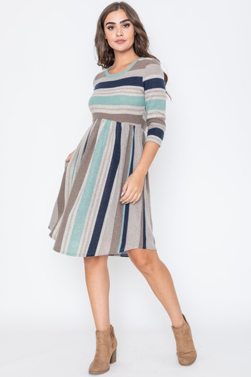3/4 Sleeve Multi Stripe Midi Dress - 1Eloges94