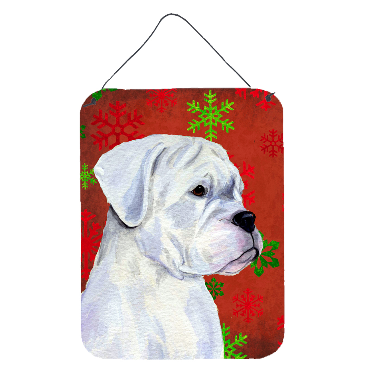 Red and Green Snowflakes Holiday Christmas Design with Dog Wall or Door Hanging Prints - S000213B001695P029758V000