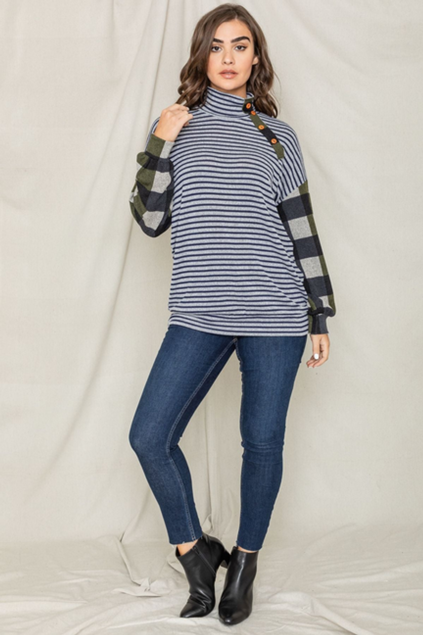 Checkered Plaid Sleeve Side button Accent Turtle Neck Drop Shoulder Tunic - 1Eloges402