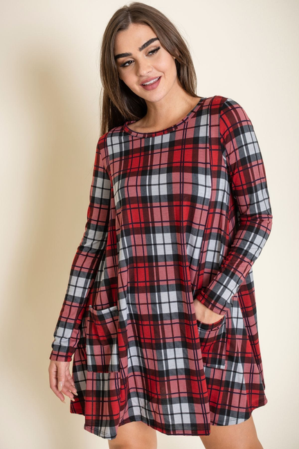 Plaid Long Sleeve A-Line Mini Dress