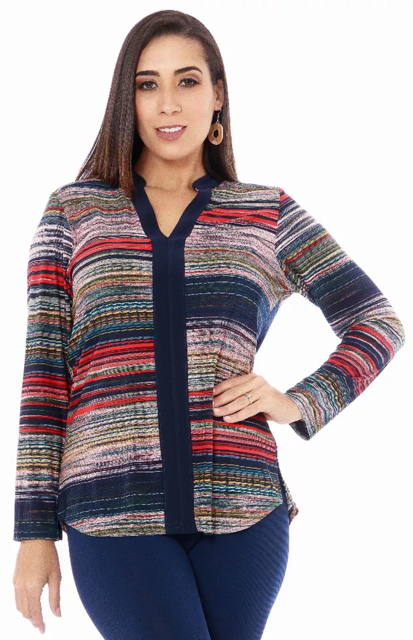 Long Sleeve Split-Neck Pullover Top With Placket Trim