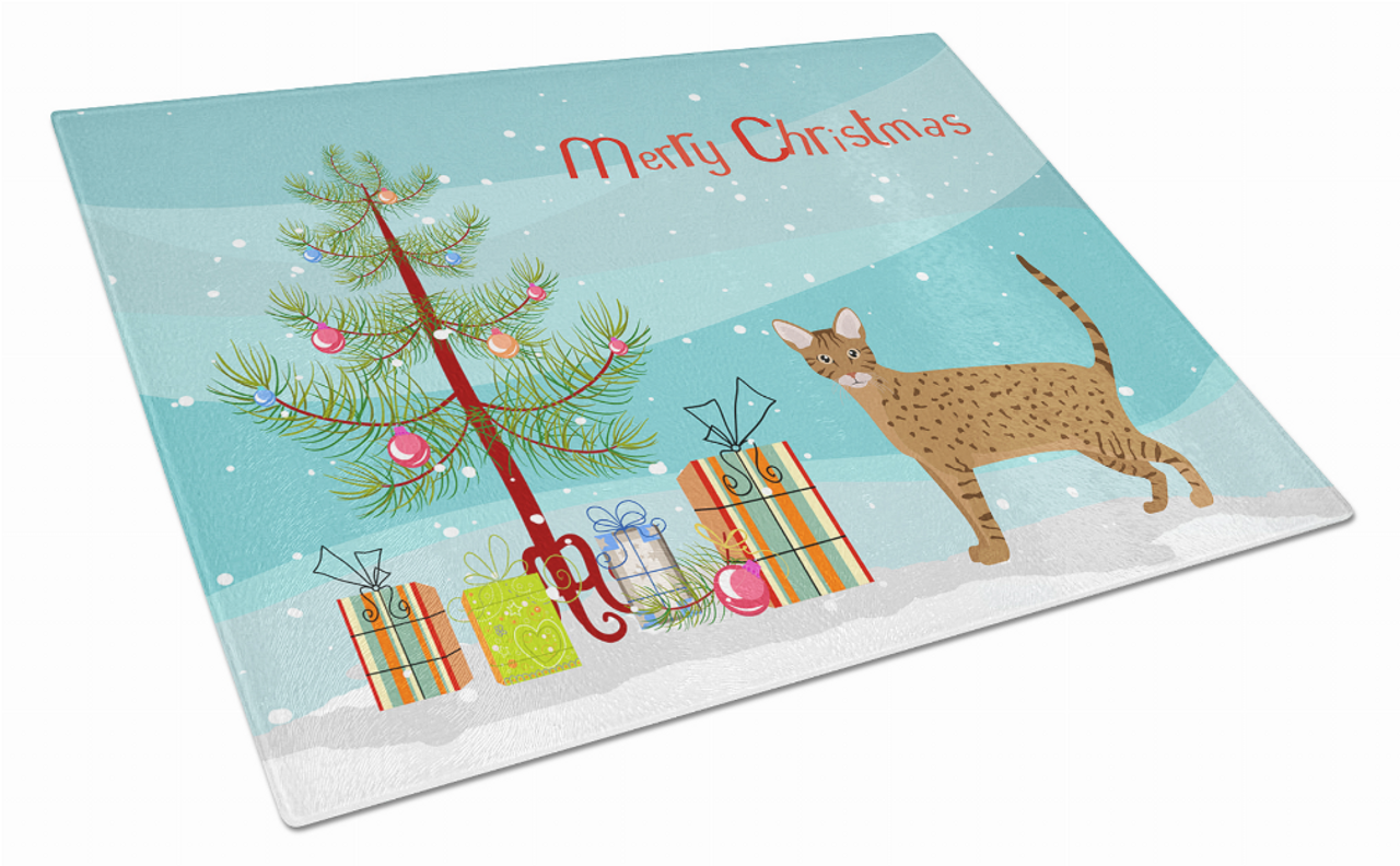 Merry Christmas Cat Print Glass Cutting Board Large