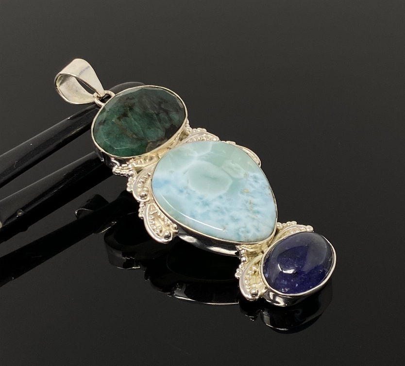 Larimar Gemstone Pendant with Emerald and Tanzanite , Wire Wrapped Pendant, Silver Jewelry Gifts for Her, Bohemian Jewelry