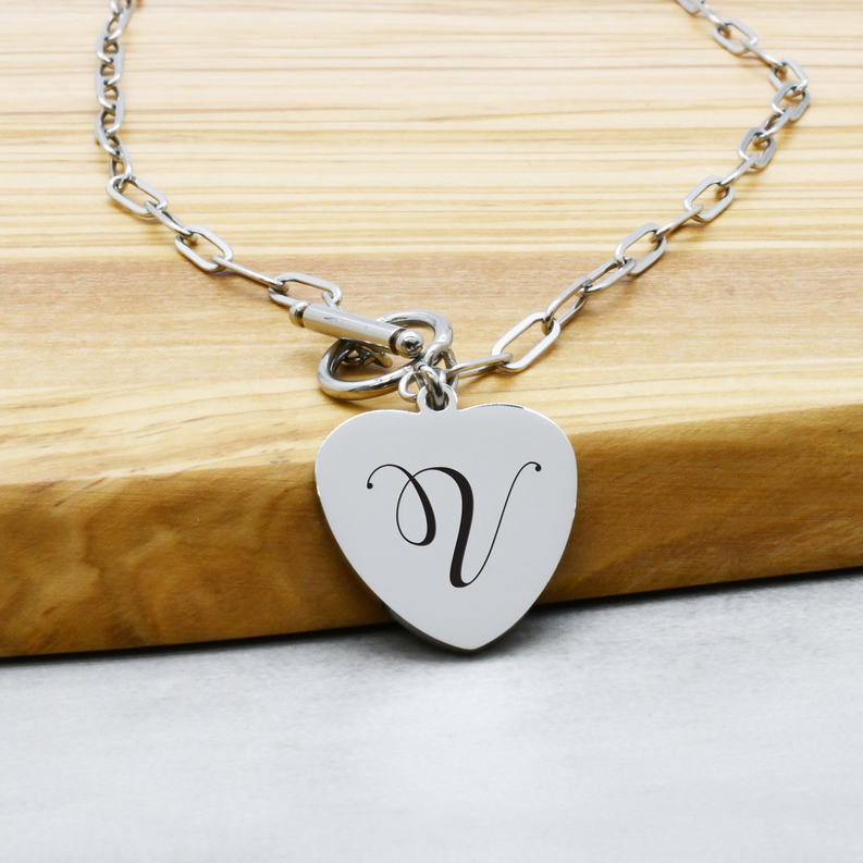 Pink Box Heart Initial Paperclip Toggle Necklace - Multiple Chain Lengths - PinkBox3-2303