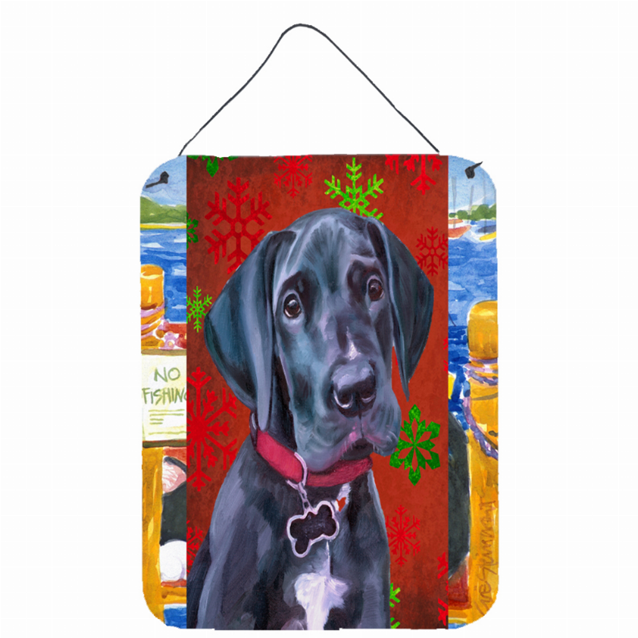 Red and Green Snowflakes Holiday Christmas Design with Dog Wall or Door Hanging Prints - LH9579DS1216