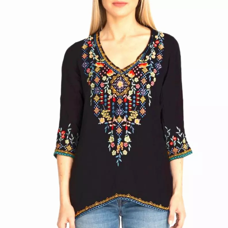 Private Garden Embroidered Tunic Tops In Vivid Colors - 723466564595