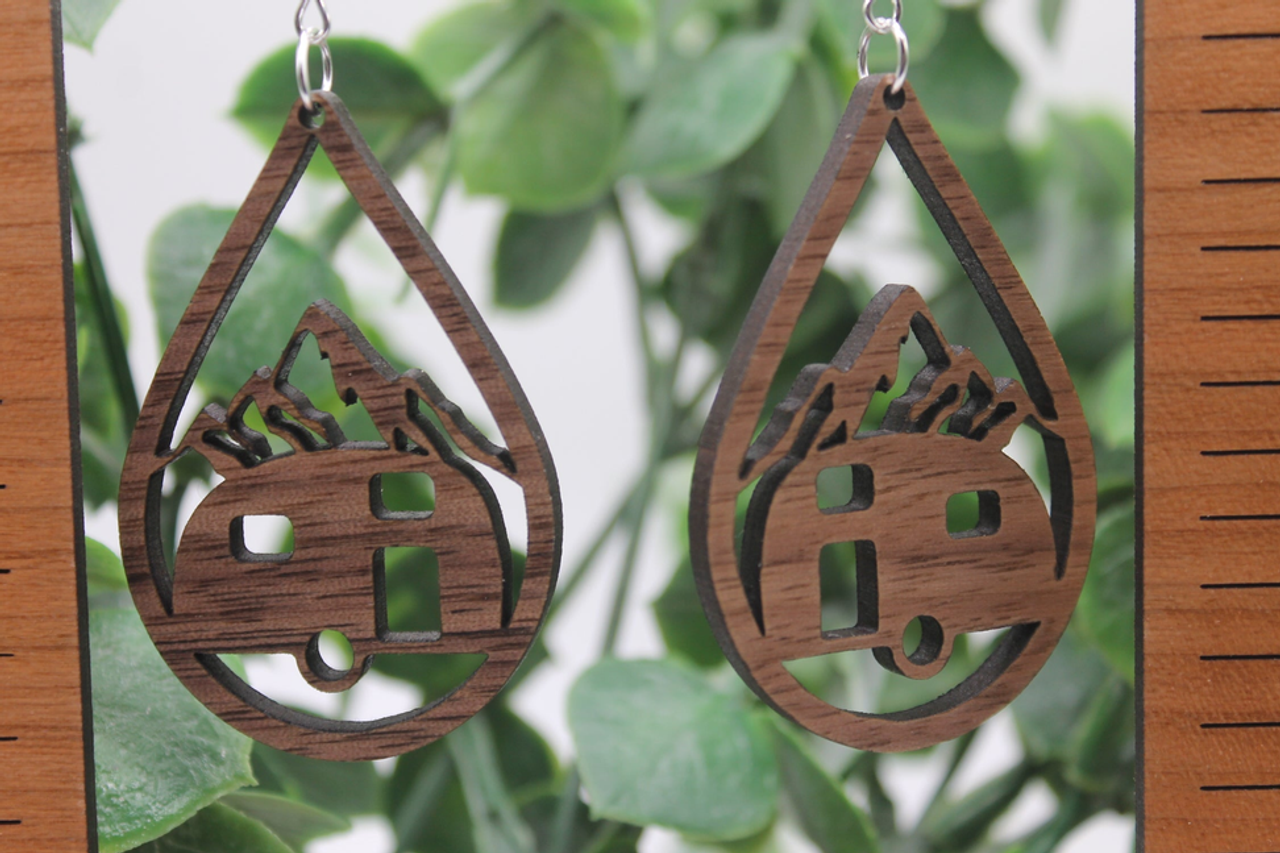 Camper & Mountains Wood Teardrop Dangle Earrings