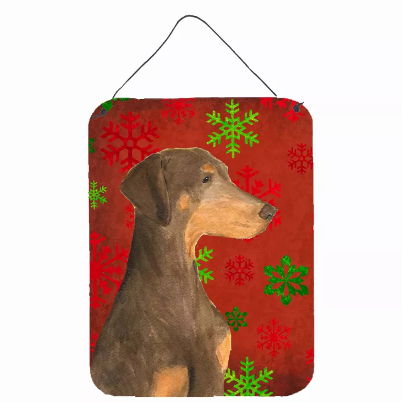 Red and Green Snowflakes Holiday Christmas Design with Dog Wall or Door Hanging Prints - S000213B001695P029728V000