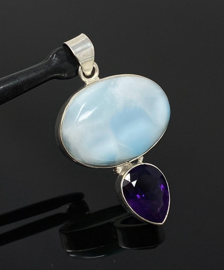 Natural Larimar and Amethyst Gemstone Pendant, Sterling Silver Jewelry, Larimar Pendant, Amethyst Pendant, Bohemian Jewelry - P 134