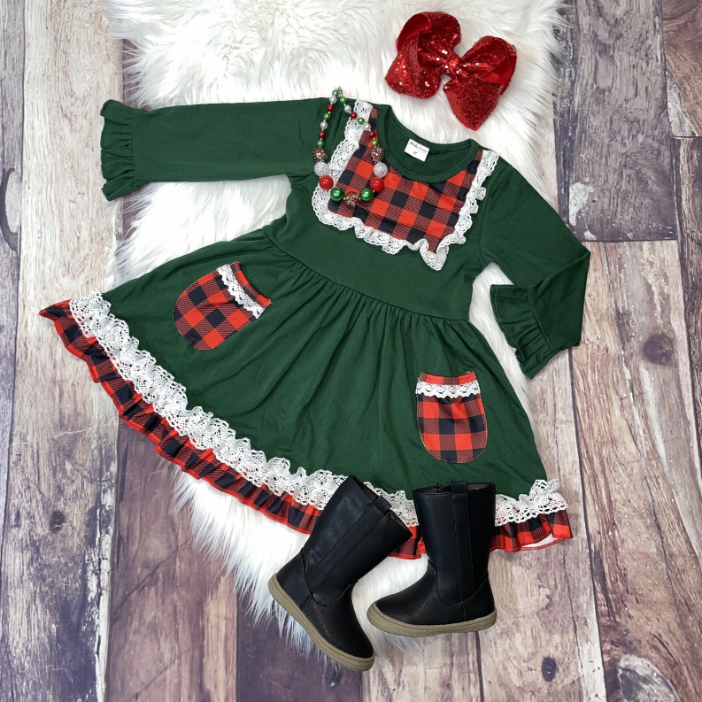 Lace Trim Pocket Dress with Buffalo Plaid Accents - 8005-DRE-2T