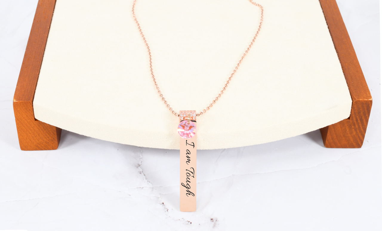 Inspirational Vertical Bar Necklace With Pink Crystal In Rose Gold - LATBARIAMTOUGHPNKRGD
