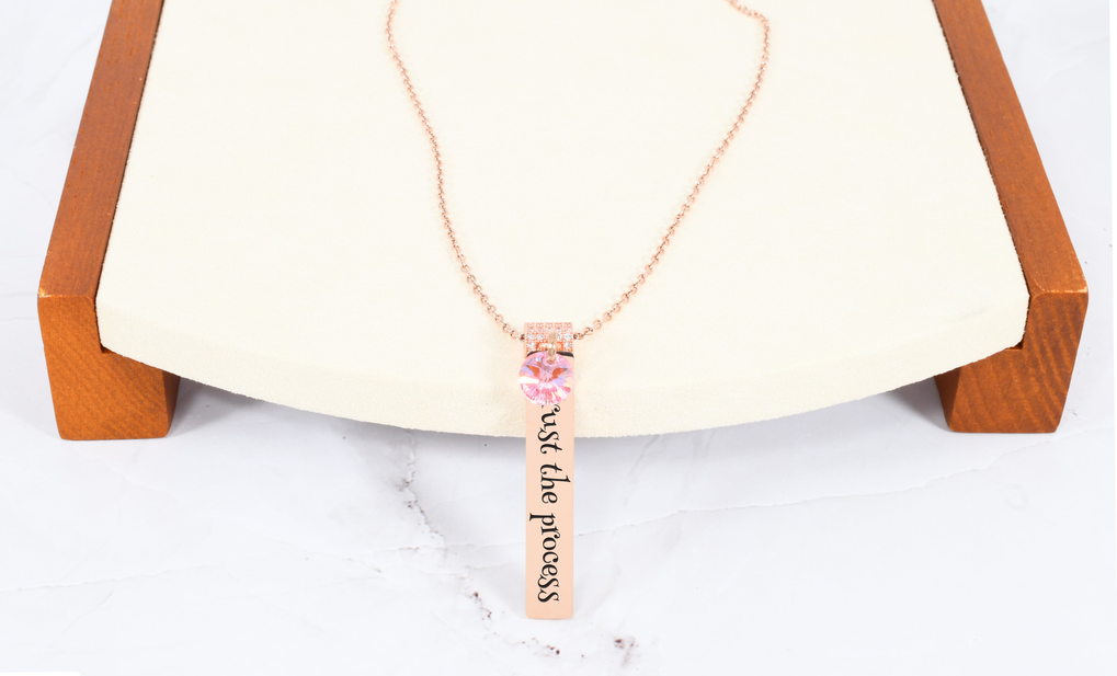 Inspirational Vertical Bar Necklace With Pink Crystal In Rose Gold - RUSTTHEPROCESSPNKRGD