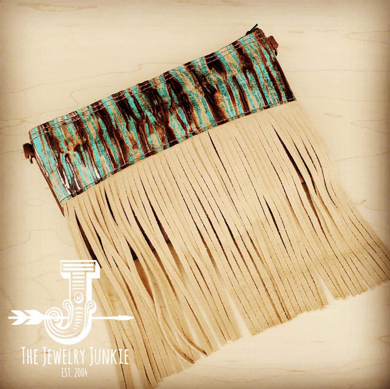 Leather Clutch Handbag with Turquoise Chateau Accent & Fringe