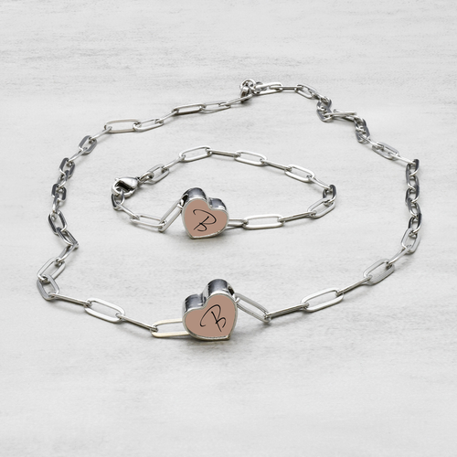 Pastel Initial Paperclip Necklace And Bracelet Set by Pink Box - CLRFLSET-8.24.PPC-HRT-SCRIP-B-SLV