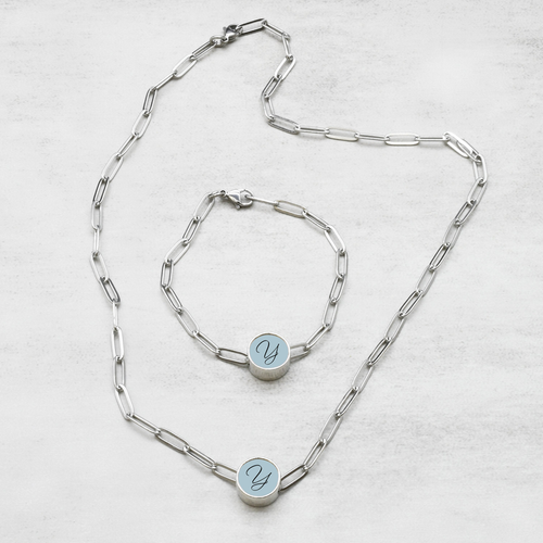 Pastel Initial Paperclip Necklace And Bracelet Set by Pink Box - CLRFLSET-8.24.PPC-RND-SCRIP-Y-SLV