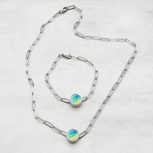 Pastel Initial Paperclip Necklace And Bracelet Set by Pink Box - CLRFLSET-8.24.PPC-RND-SCRIP-I-SLV