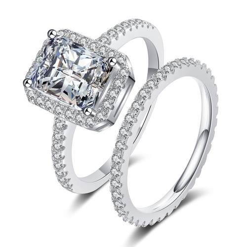 Radiant Cut Halo And Eternity Moissanite Engagement Ring Set In Sterling Silver - PinkBox3-8870