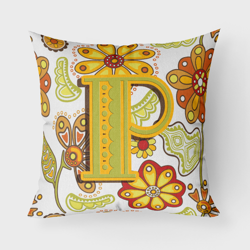 Letter Floral Mustard and Green Fabric Decorative Pillow - CJ2003-PPW1818