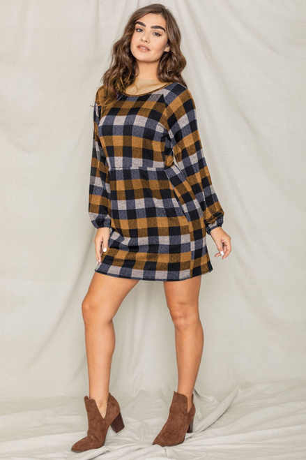 Checkered Bishop Sleeve Mini Dress - 1Eloges350