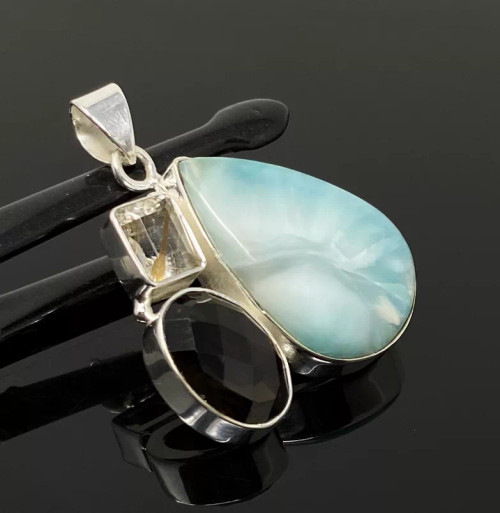 Gemstone Pendant - Larimar, Smokey Quartz and Golden Rutile , Bohemian Jewelry, Larimar Pendant, Sterling Silver Jewelry