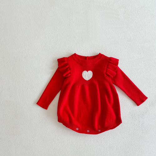 Baby Girl 1pcs Heart Embroidered Pattern Ruffle Long Sleeve Knit Onesies - JM2205101554-2001