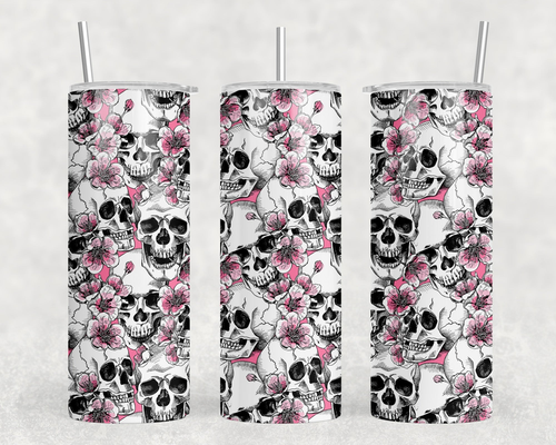 Skulls and Flowers - 20 oz Steel Skinny Tumbler - Optional Blue Tooth Speaker - Speaker Color will Vary